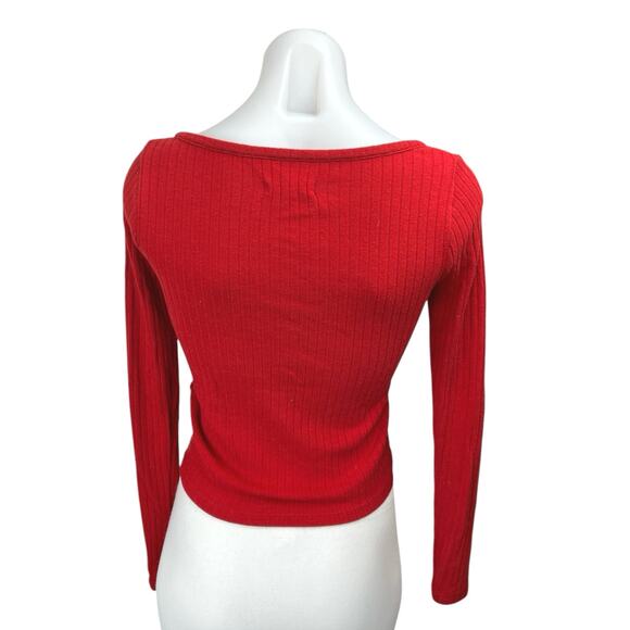 Madewell Red Rib Knit Long Sleeve Button Down Crop Cardigan Sweater Top Size XS - Picture 2 of 4